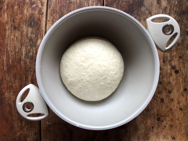 將麵糰收整成圓球形，放在攪拌盆內，蓋上鍋蓋或保鮮膜，置於室內溫暖處發酵約1小時，待麵糰膨脹至2倍大。