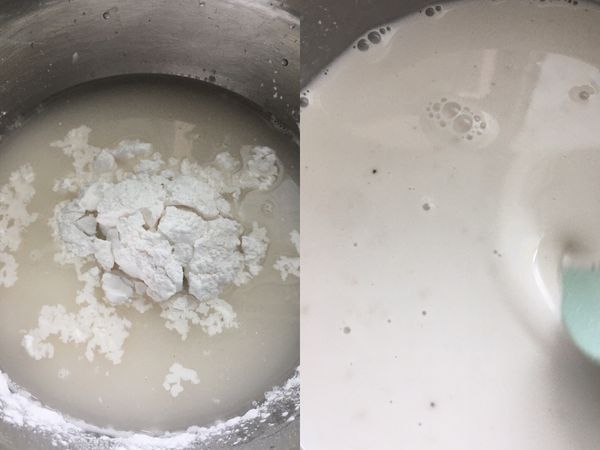 將🌲薯粉或是地瓜粉加入糖水中拌勻成沒有顆粒的粉漿