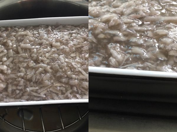 電鍋開關跳起打開鍋蓋，晶瑩剔透的水晶芋簽就蒸熟了，取出稍微放涼。