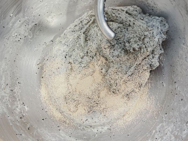 取出麵糰加入鹽慢速攪打1分鐘後加入酵母慢速攪打1分鐘後改中速打7分鐘呈擴張可拉長不容易斷裂