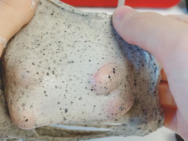 加奶油攪打至薄膜狀態後加入黑芝麻慢速攪打均勻約1-2分鐘。
室溫28度發酵60分鐘
手指測試不回縮即可