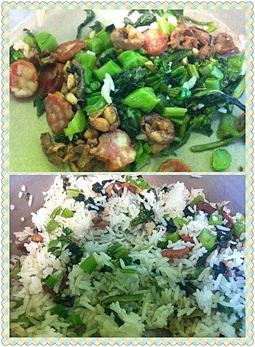 將菜心及臘腸切粒，備用。