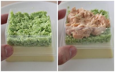 先在豆腐上塞入毛豆泥用湯匙壓平，接著鮪魚沙拉也一樣填平，剛剛好…和芙蓉豆腐尺寸一樣，也可以填入其他食材來做變化，很好玩喔！
