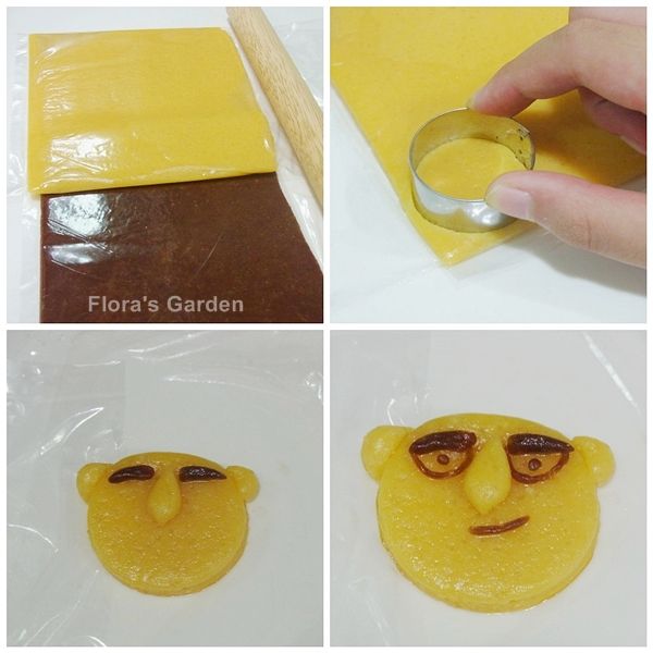 1.無鹽奶油隔水融化、低粉過篩，全部[A]材料混合均勻，取190克備用，其餘加[B]材料混合拌勻。
 
2.A.B.二色麵糰分別裝在塑膠袋中、桿平，A.厚度約0.6公分、B.更薄些。
 
3.圓模押出當臉部(可調整臉型)，咖啡色當頭髮和五官，可隨意變化、讓孩子發揮創意。
 
4.烤箱預熱170度烤約15分鐘，烤到邊邊有點微焦的顏色即可。
