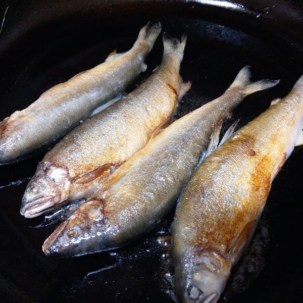 先將香魚的兩面略為煎至上色備用。(傳統的料理的工序，香魚要先日曬或烤過再烹煮，在這裡改用香煎方式取代。)