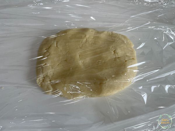 從冷藏取出原味麵糰，稍微整形成長方形
麵糰的上下都有墊保鮮膜，下一步驟請直接在保鮮膜上用擀麵棍擀平