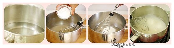 材料B放入煮鍋內混合拌勻，放入火爈小火煮滾至濃稠狀，將作法1倒入，邊倒邊攪拌煮至濃稠狀，倒入不銹鋼盤內，放涼成形入冰箱。
   PS.鋼盤凹槽內須先抹油，以方便脫模取用。