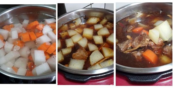 8.壓力鍋燉煮同時，起半鍋水，放入蘿蔔和胡蘿蔔，煮滾後續用小火煮15分，蓋鍋備用
9.牛腩完成後，蘿蔔湯倒入壓力鍋會合
10.試調味，依自己喜好添加
11.蓋住壓力鍋 鍋蓋 ，開保溫鍵續悶30分