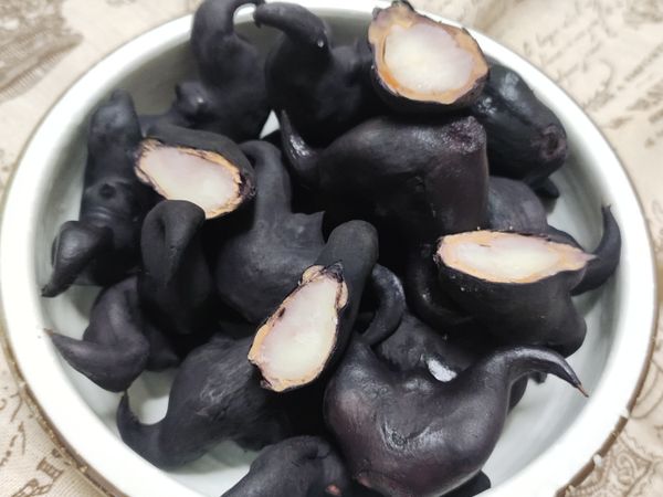 菱角的挑選：外殼厚硬偏黑色，菱角肚飽滿。