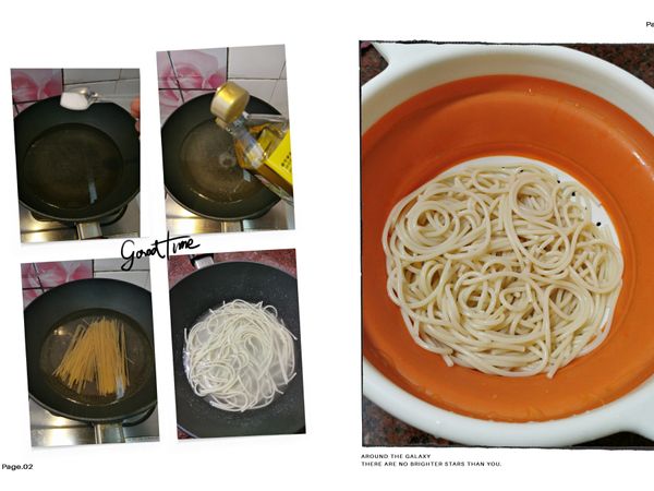 鍋加清水燒熱
加鹽 少許
食油 少許
水燒熱後加進意粉
煮2-3分鐘後關火浸開
浸開後再過冷水瀝乾待用