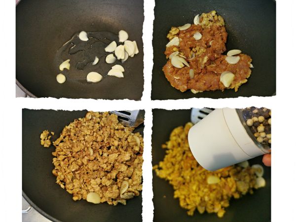 鍋加少許食油加熱再放進蒜片微微爆香，再放進豬肉碎煎至9成熟