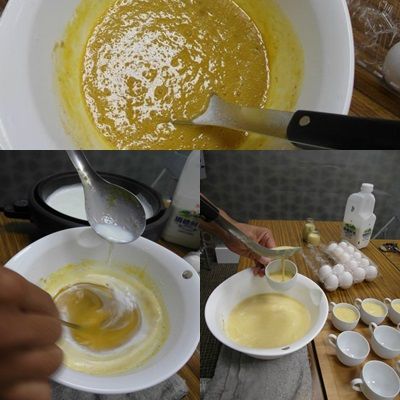將攪拌均勻的飲氧品蛋液，緩緩的加入溫熱的鮮奶。
(切記不要一次沖入太多鮮奶，這樣會變成蛋花湯....)