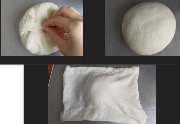 用手指稍微按壓整平 從外圍拉著一點麵團往中間集中捏緊 倒過來 整圓 
蓋上濕布或用鍋盆倒扣 鬆弛十分鐘方便後續整形