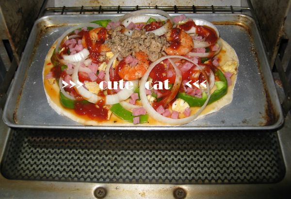 舖上處理好的餡料(可另加起司，增添香氣哦！)，灑上香料和醬料，送進烤箱烤15-30分鐘，等待香噴噴的披薩出爐囉~~