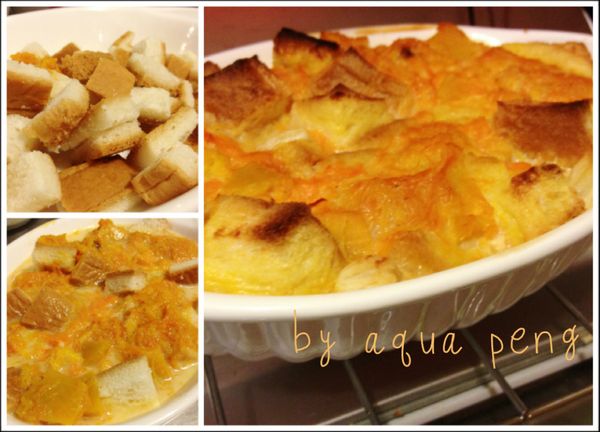 器皿內邊圖上奶油，倒入吐司>>南瓜>>布丁醬 ，送烤箱烤