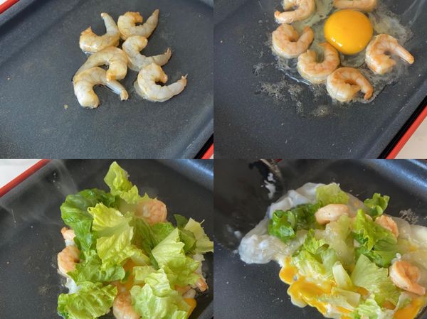 加熱油鍋後，先下蝦仁煎半熟

打入一顆蛋，加入妳有的菜，我是加大陸妹

倒入粉漿

煎熟後起鍋淋醬