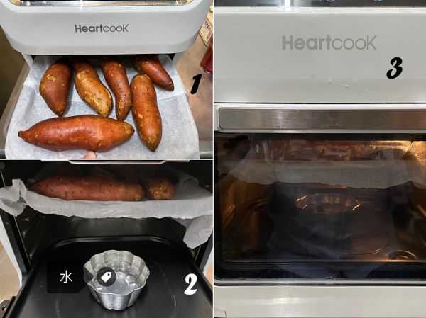 1.氣炸鍋網子鋪上烘焙紙，放上清洗後的地瓜
2.底下放1小杯水(前輩說這樣地瓜才濕潤順口)
3.我的是烤箱型氣炸鍋，所以地瓜擺在最上層