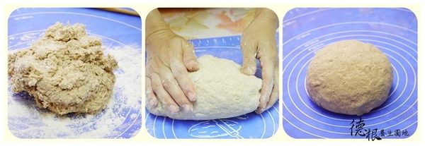 工作台上灑些麵粉，取出麵糰，用手輕輕地搓揉麵糰，不要刻意用力，才不易黏手，成糰即可，蓋上保鮮膜，室溫下鬆弛約30分鐘，即可開始整型