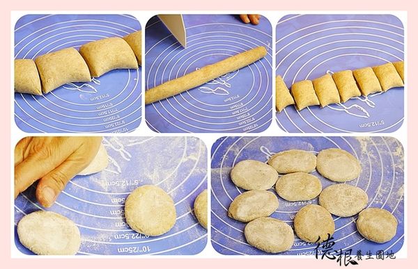將麵糰先分割成12等份，用手將小麵糰捏圓，再用手掌壓扁，需適時灑粉，以免麵糰沾黏