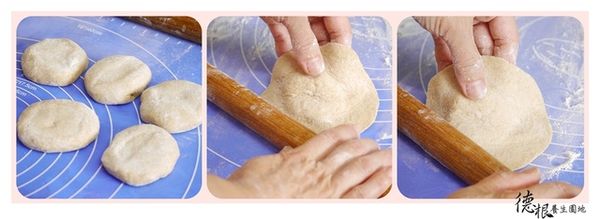 以左手的食指與拇指抓著麵糰邊緣轉圈，同時右手掌壓住擀麵棍，從麵糰邊緣不停地擀，一手轉麵皮，一手擀麵，擀成中間厚，周圍薄的麵皮，直徑約12公分，再稍將圓麵皮，擀成橢圓形，依序一一放上半邊餡料稍壓使集中，再將半邊麵皮，對摺蓋上成半圓形，邊緣稍壓合，再取一瓷碗，用碗口將半圓邊圓加強壓合