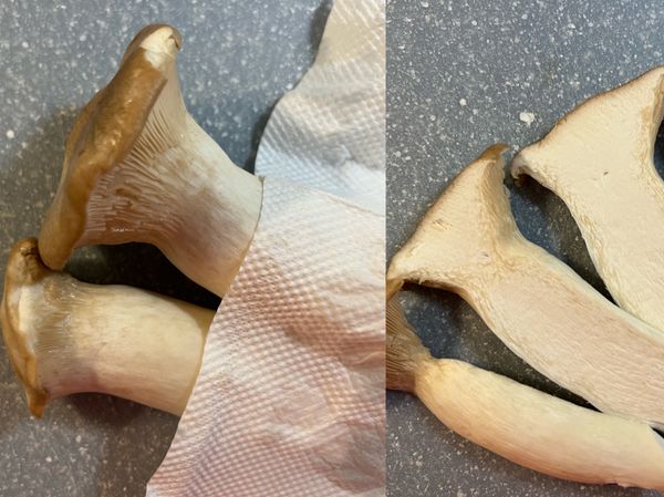 杏鮑菇(挑大一點比較好切)洗淨，用餐巾紙擦乾再切成厚片狀(0.5-0.7cm)備用