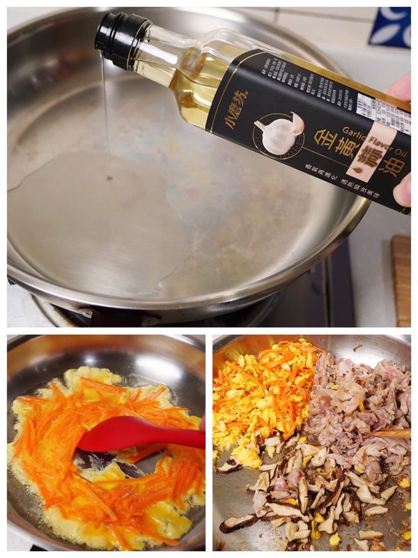 熱鍋後將蒜油倒入，油需要多一點來煎炸雞蛋。
兩顆雞蛋打散加入紅蘿蔔絲，等油熱倒入，
在鍋中攪拌煎炸出蛋香。
把雞蛋撥到鍋邊，再倒入些許油炒肉片。
肉片炒至半熟後，放入香菇絲一起炒香。