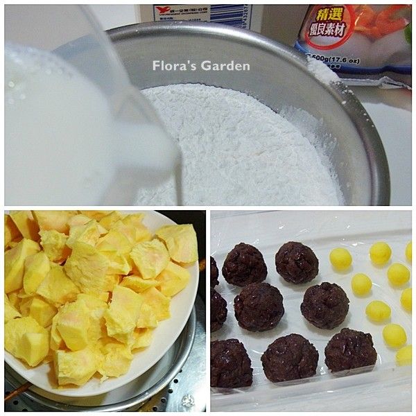 [大福皮]粉類一起過篩、加入鮮奶拌勻，再加沙拉油充分拌勻，電鍋外鍋1.5杯水，放蒸架上、地瓜切小塊一起蒸，跳起來再悶30分鐘。