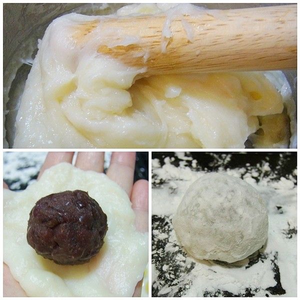 大福皮蒸好取出用木棍搗一搗、上面抹一層油防硬化；地瓜趁熱壓成泥、取5克搓圓、紅豆餡取20克搓圓壓扁包入地瓜；大福皮取25克拉圓(手沾水防粘)包入餡料，裹一層熟的太白粉。