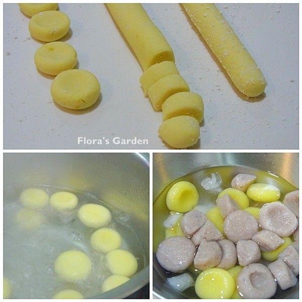 3.桌面撒些粉，搓成長條狀、切小段，部分可搓圓再壓扁;
 
4.放入滾水中煮到浮出水面、撈起冰鎮可更加Q彈。