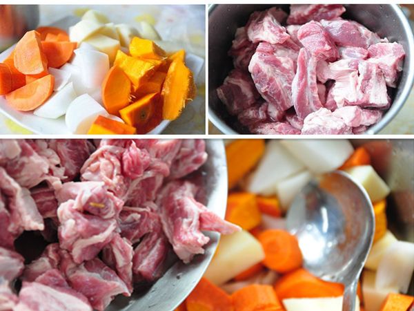 準備將南瓜、洋蔥、紅蘿蔔切塊，並將牛腩稍川燙後，通通放入電鍋內鍋中