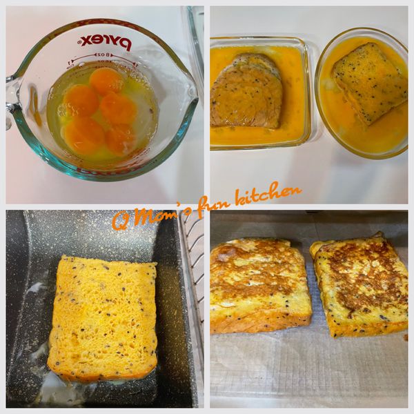 準備好5顆蛋打碎，2片吐司讓它們吸附蛋液，直到飽滿，放入鍋子煎到金黃色即可，然後一致烤箱烘烤