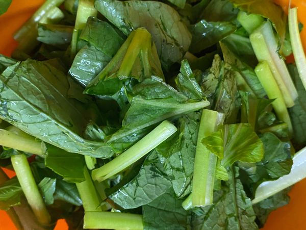 油菜洗淨切段
蒜末少許準備
熱油鍋下蒜末爆炒
再下油菜+鹽巴調味+水
爆炒後可上桌