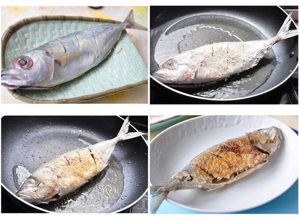 將魚兩面抹上少許的地瓜粉，再放入鍋中香煎至兩面金黃即可