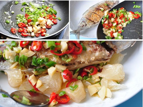 接著利用煎魚剩下的油，將辣椒末、蔥末、蒜末等爆香，加入鹽巴調味拌炒後，淋至香煎好的魚身，再將柚瓣拌入其中