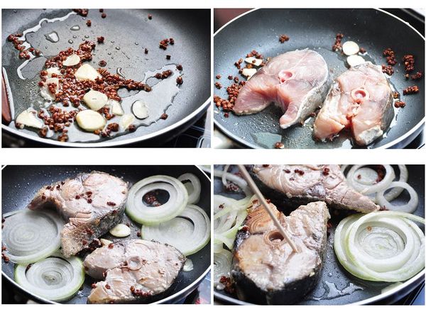 薑蒜片及花椒粒煸香後，將黃魽輪切片放入鍋中香煎，再放入洋蔥於鍋邊加熱