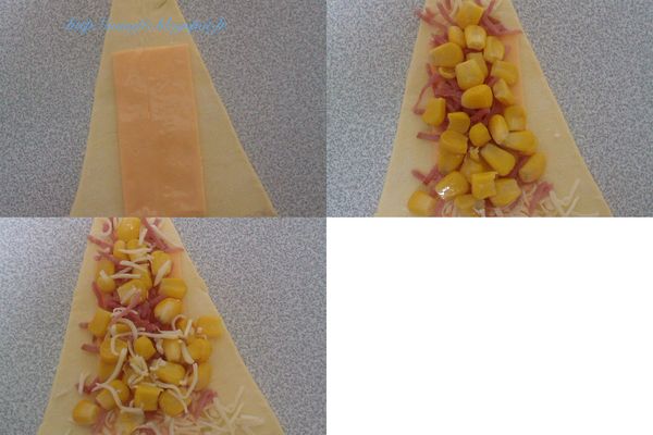 [做法一]放上切對半的cheese 片, 撒上乾酪絲, 加上火腿片, 再加上玉米粒