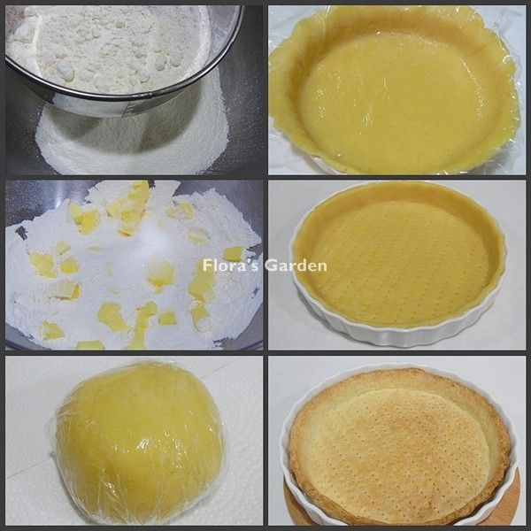 [派皮]--1.低粉過篩加入糖、鹽、切丁奶油塊，用手搓成小結球狀態，加入鮮奶揉成麵糰。
 
2.保鮮膜包住冷藏四小時(至少一小時)，取出直接在保鮮膜上橄圓。
 
3.連同保鮮膜放在烤盤(我的18公分)上，保鮮膜朝上(避免手髒也好整形)、
 
   多餘麵糰凹進去，用手整形、中間用叉子搓洞，預防烤的時候膨脹，
 
   醒20分鐘(沒醒烤後會內縮)。
 
4.烤箱預熱190度烤20分鐘。
