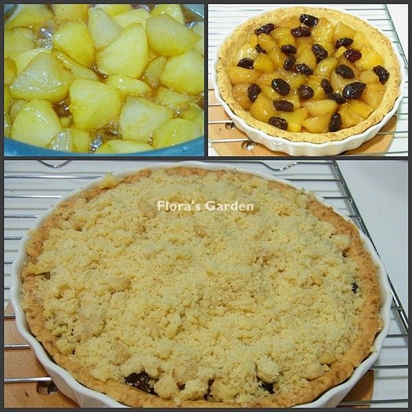 [蘋果餡]--1.蘋果去皮一顆切成八片、可再切小塊，鍋中放入奶油、蘋果片拌勻，再加糖、
 
   檸檬汁煮到蘋果有點上色、濃稠即可加入肉桂粉、葡萄乾熄火放涼備用。
 
2.烤好的派皮、放入1.再撒奶酥。
 
3.190度烤30分鐘，如果奶酥太上色可蓋一張錫箔紙。