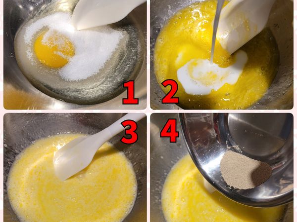 2個麵粉不用過篩，拌勻備用；無鹽奶油溶化成液態備用。
將雞蛋打入盆中，加入細砂糖拌至細砂糖融化後加入鮮奶拌勻，接著加入融化的無鹽奶油拌勻，最後加入酵母粉拌勻備用。