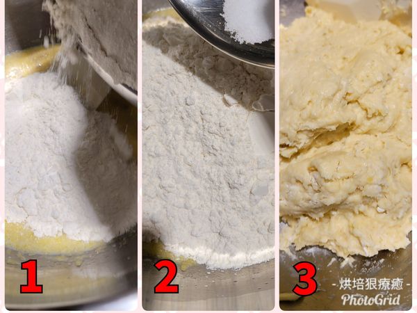 將麵粉倒入，再加入鹽巴，用刮刀拌至沒有乾粉的狀態。