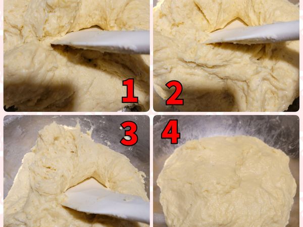 用刮刀將麵團外圍的麵團往麵糰的中心拌，由外往內拌的方式，大約拌3分鐘，讓麵團大致成圓之後蓋上保鮮膜，讓麵團休息20分鐘。
休息時間到之後，重複上面拌麵糰的動作，一樣3分鐘，稍微將麵團整理成圓，即再蓋上保鮮膜，將麵糰放在微波爐裡面或溫暖的地方，發酵1個小時。