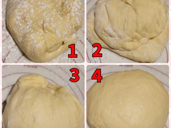 因為這個麵糰含水量很高，所以會比較黏手，因此在整理麵團的時候，需事先在揉麵墊及麵糰上灑上些許麵粉。
將麵團壓扁輕輕排氣後對折，持續將麵團用對折的方式，大約2分鐘後麵團會成為很有光澤的麵糰，最後將麵糰滾圓。