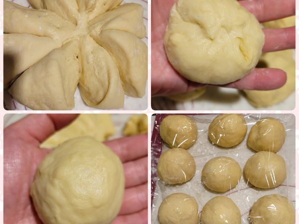 將麵團稍微輕輕壓扁後分成9等份，每一份大約66公克，將每一份麵糰由外往內整理，收口捏緊，在手掌上搓圓，9個小麵團都整理好之後蓋上保鮮膜,再讓麵團休息15分鐘。