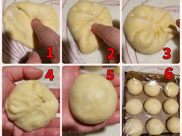 拿起第一個整理好的麵團，在揉麵墊上輕輕壓扁後一樣由外往內折之後收口，在手掌上滾圓，放於烤模內，9個麵團都整理好之後，依序放入烤盤中，記得麵糰跟麵糰間要留有空間，因為還要進行第二次發酵，放到溫暖的地方進行40分鐘的第二次發酵。

#發酵完成前10分鐘，將烤箱上下火180度預熱10分鐘。