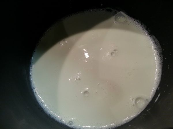 鮮奶加熱，加入糖小火煮至糖溶化。