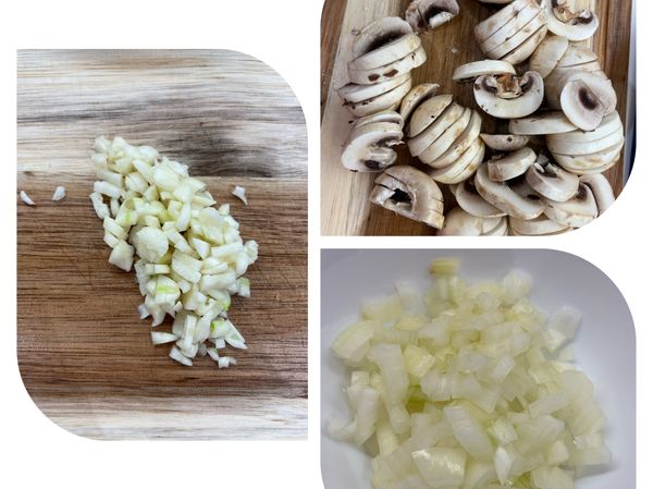 洋蔥、蒜頭切碎，蘑菇切片