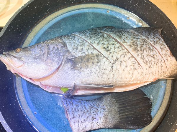 沖洗一下魚再擦乾，在兩面均勻抹上適量的鹽巴，魚肚掀開放薑片及蔥段，放入盤子中再加米酒。