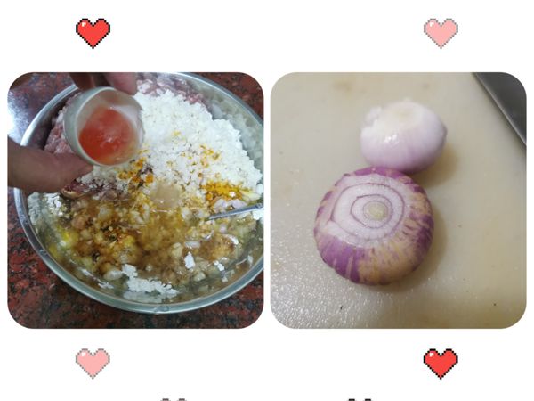 紅蔥頭切碎，放至豬肉盤中
馬蹄也同時放上
把調味料全都加在盤中
太白粉，糖，醬油，酒，油

咸蛋白加到盤中，蛋黃待用