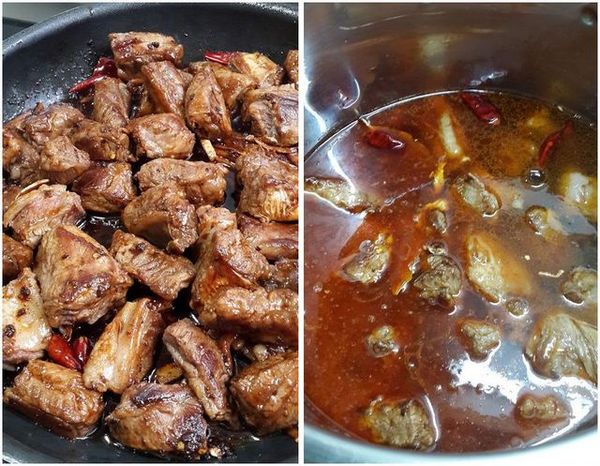 步驟25.再放入牛腩淋上醬油，拌炒
6.取壓力鍋放入牛腩，加水淹到肉塊即可
7.自選加壓時間15分鐘，等到氣閥洩壓完成約55鐘