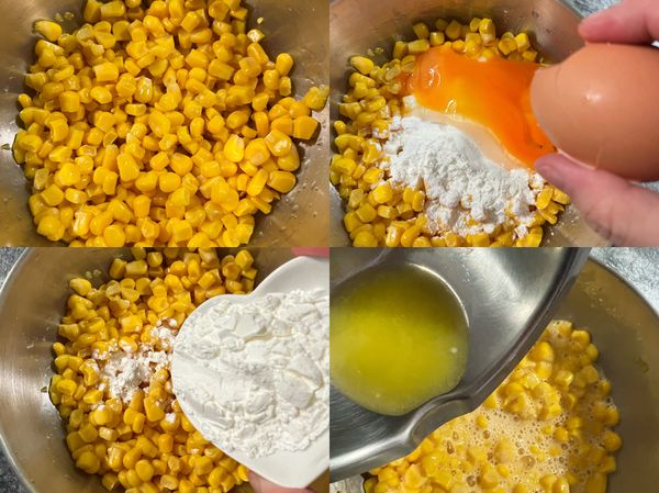 先將10g奶油隔水融化備用，再將玉米粒瀝乾水份後取200g加入20g玉米粉，加入1顆全蛋液及融化奶油攪拌均勻